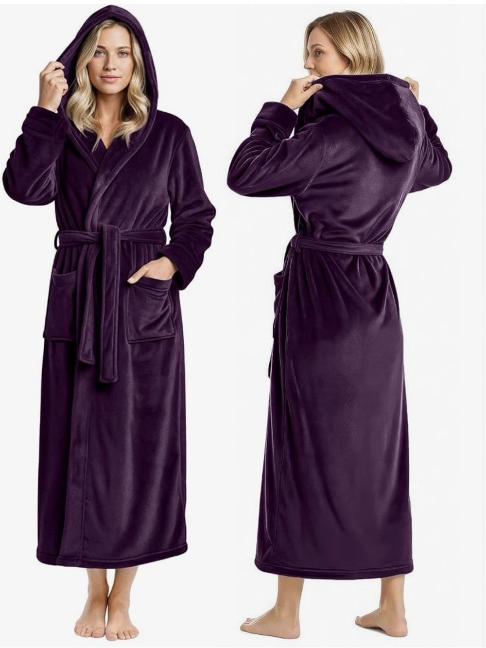 Plush Hooded Long Robe for Women — Deep Plum - Picture 1 of 6